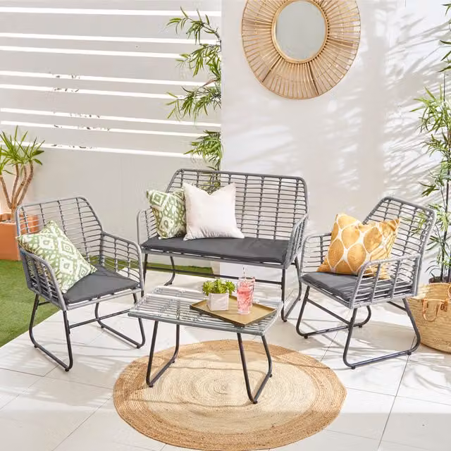 Neo Bamboo Style 4 Piece Garden Sofa, Table and Chairs Set in Dark Grey