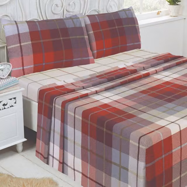 Rapport Home Red Checked Flannelette Cotton Complete Sheet Set with Fitted Sheet, Flat Sheet and Pillowcases