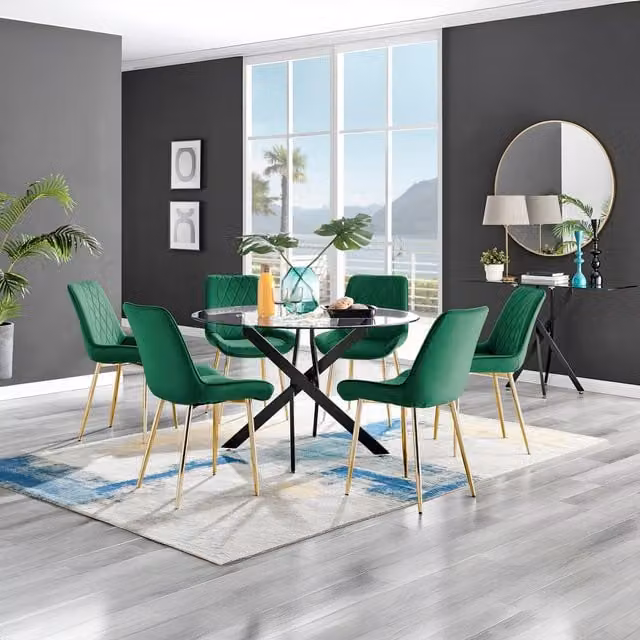 FurnitureboxUK Novara Round Glass Dining Table with 6 Pesaro Gold Leg Chairs in Green