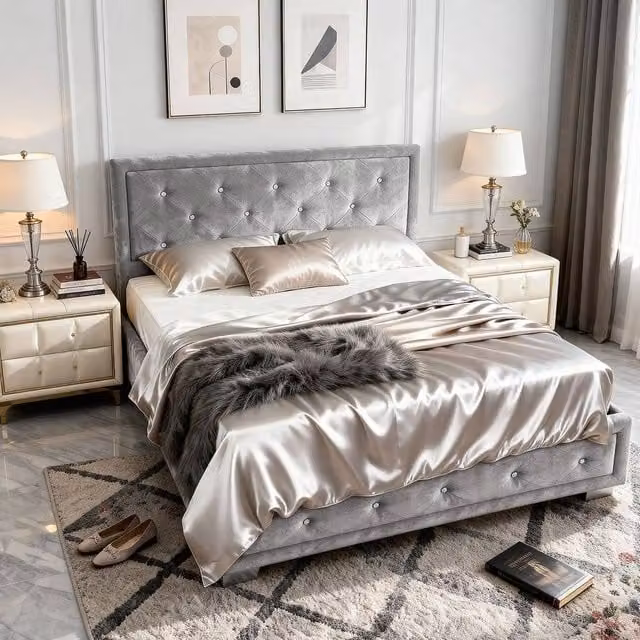 Comfy Living Ltd Silver Crushed Velvet Fabric Bedframe with Lift Up Base, W/D/H: 90 x 200 cm – 1