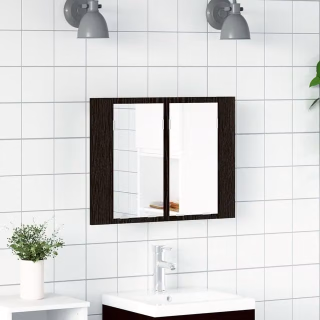 Berkfield Home LED Bathroom Mirror Cabinet in Black Oak, W/D/H: 60 x 12 x 45 cm