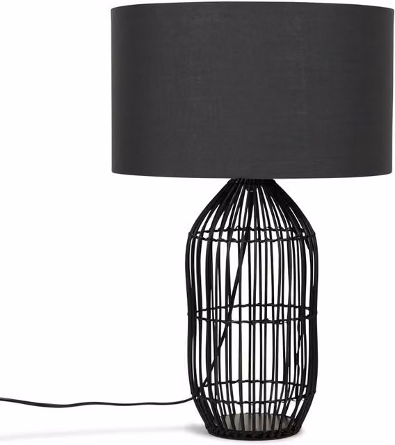 Hollins Large Rattan Cylinder Table Lamp in Matte Black with Grey Fabric Shade, Height: 53 cm