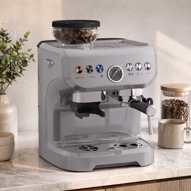 STILVORA 3-in-1 Coffee Machine with Grinder, Milk Frother and Steam Wand in Silver – 1
