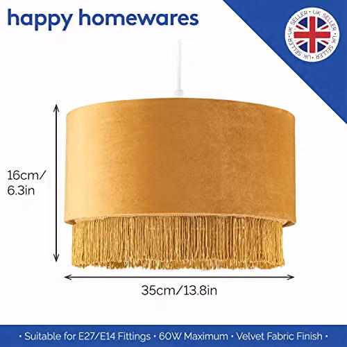 Happy Homewares Modern Yellow Velvet Drum Pendant Lamp Shade with Tassels and Embroidered Trim, W/D/H: 16 x 16 x 35 cm – 4