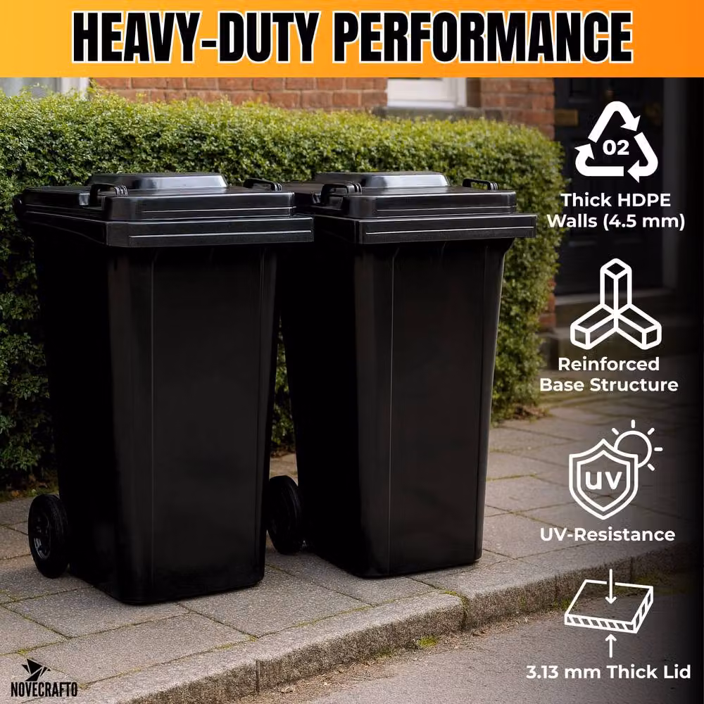 Novecrafto 240L Heavy-Duty Plastic Wheelie Bin with Flip Lid, Black – 2