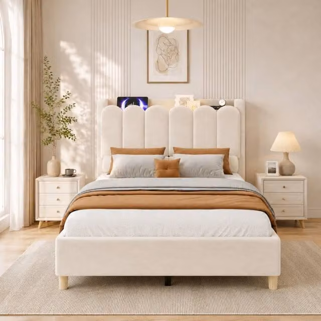 Merax Modern Beige Velvet Single Bed with Integrated Reading Light, USB Charging Port and Side Compartments, 90 x 190 cm