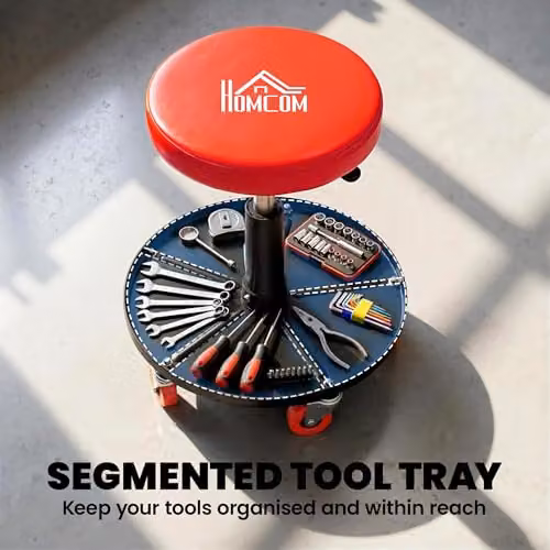 HOMCOM Pneumatic Adjustable Mechanic Stool with Castors, Red/Orange, Diameter: 40 cm – 4