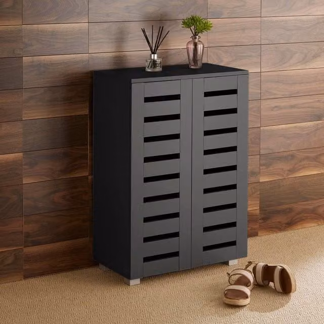 Home Source 2 Door Shoe Storage Cabinet in Black with Hinged Doors and Internal Shelves – 1