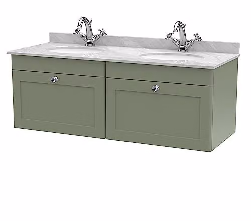 nuie Classique CLC894GR2 Wall Hung 2 Drawer Unit with Double Marble Top and Round Basin, Satin Green/Grey