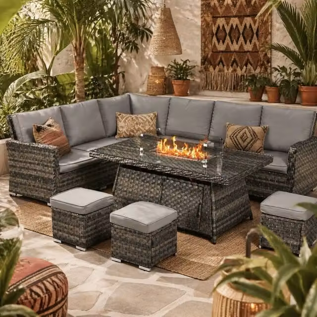 Wyld Haus Virire 9 Seater Grey Rattan U-Shape Garden Sofa Set with Gas Fire Pit Table and Upholstered Cushions