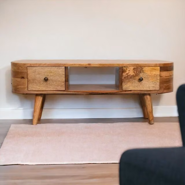 Aosom UK Solid Mango Wood Mini Rounded Entertainment Unit in Brown, W/D/H: 100 x 30 x 37 cm