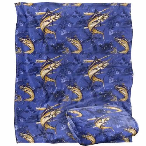 JQ Licensing Marlin Tiki Fishing Pattern 2 Super Soft Fleece Throw Blanket, White, W/D/H: 152 x 127 cm
