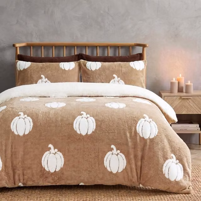 OHS Tufted Pumpkin Teddy Reversible Duvet Cover Set in Beige and Brown, W/D/H: 200 x 220 cm