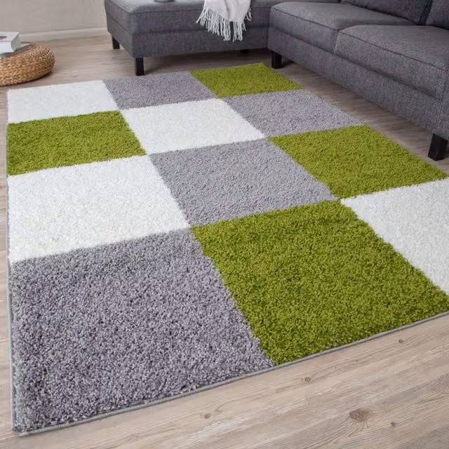 THE RUGS Soft Check High Pile Shaggy Rug, Green, W/D: 200 x 290 cm