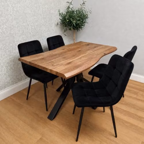 Kosy Koala 4 Seater Rustic Brown Wooden Effect Dining Table and Black Velvet Chair Set, W/D/H: 140 x 80 x 75 cm – 2