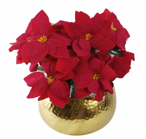Leaf Red Poinsettia Artificial Christmas Houseplant in Pot with Gold Curved Edges, Height: 40 cm – 1