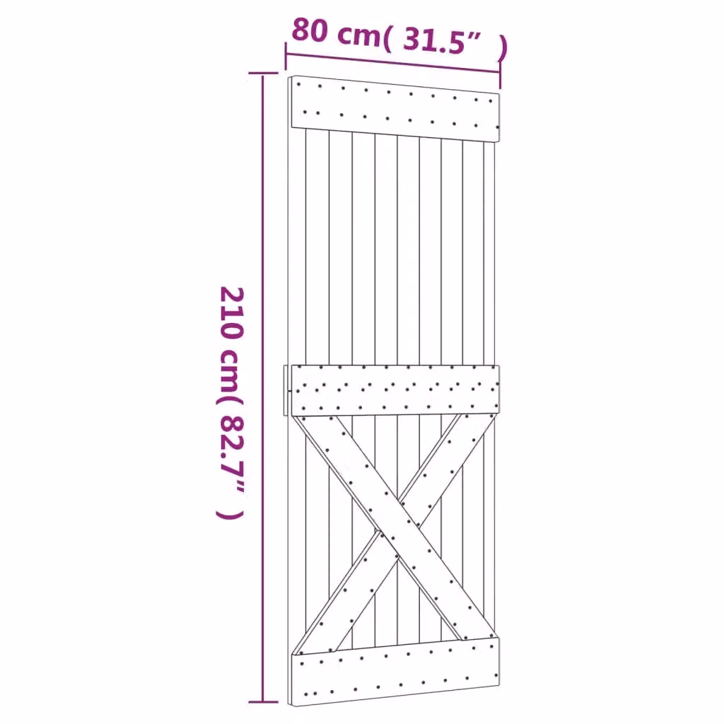 Berkfield Home Rustic Solid Wood Pine Sliding Door with Hardware Set in Brown, W: 80 cm, H: 210 cm – 2