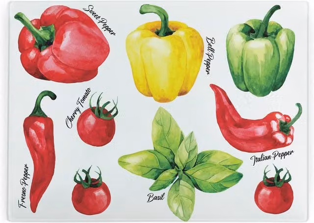 Purely Home Vibrant Peppers Large Rectangular Smooth Glass Worktop Protector and Kitchen Chopping Board in Multicolour
