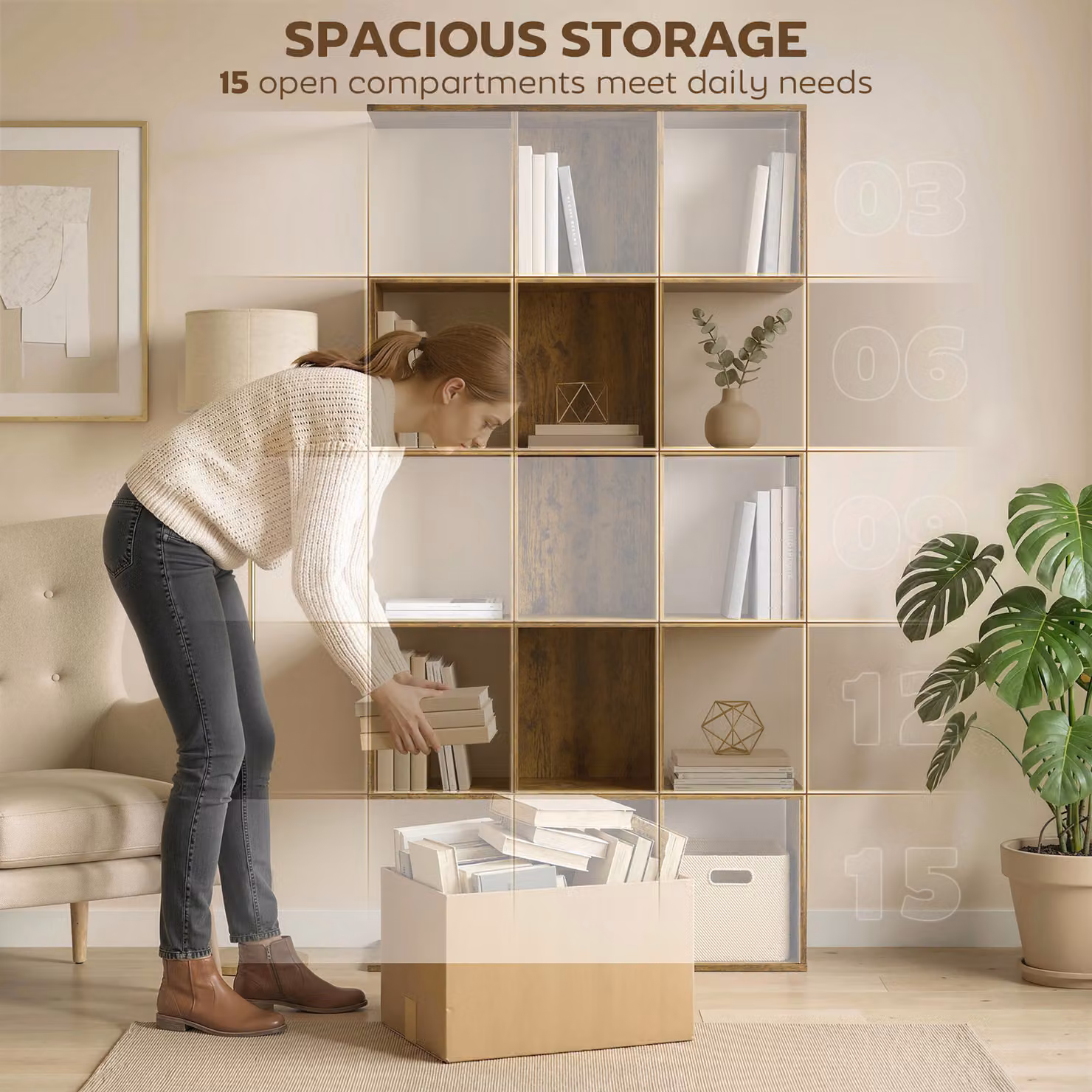 HOMCOM 5-Tier S-Shaped Geometric Bookshelf with 15 Compartments in Rustic Brown – 4