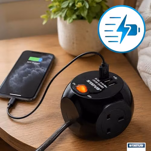 Status 3 Way Cube Socket with 3 USB Ports and 1.4 Metre Lead, Black – 7