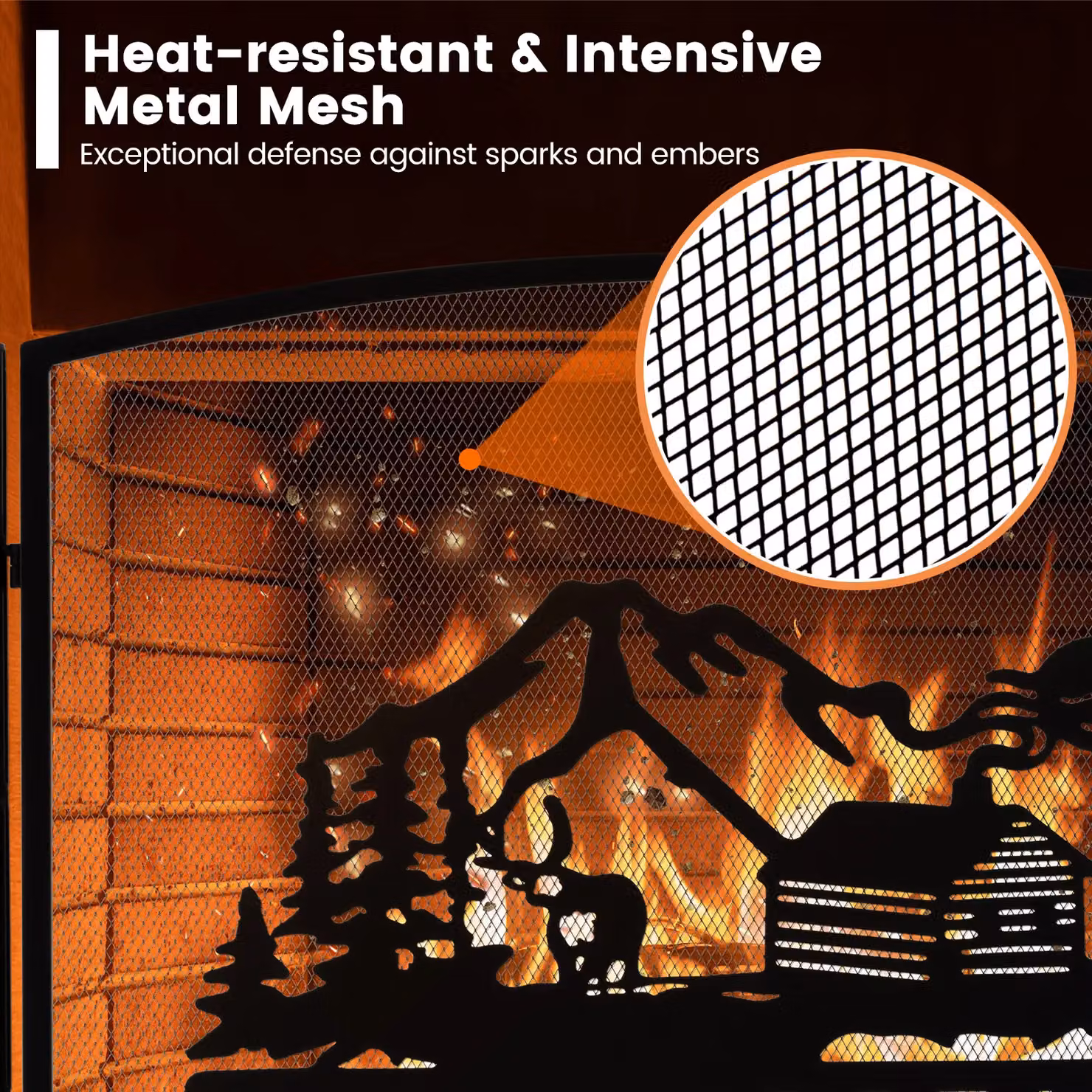 Costway 3-Panel Folding Fireplace Spark Guard with Natural Scenery and Moose Pattern, Black, W: 139 cm, H: 75 cm, D: 75 cm – 3