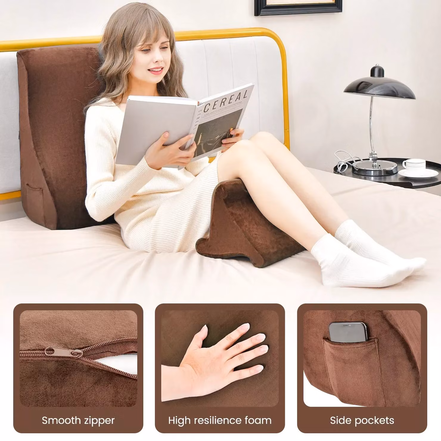 Costway 4 in 1 Brown Velvet Bed Wedge Pillow with Tablet Stand and Side Pockets, High Resilience Foam – 6