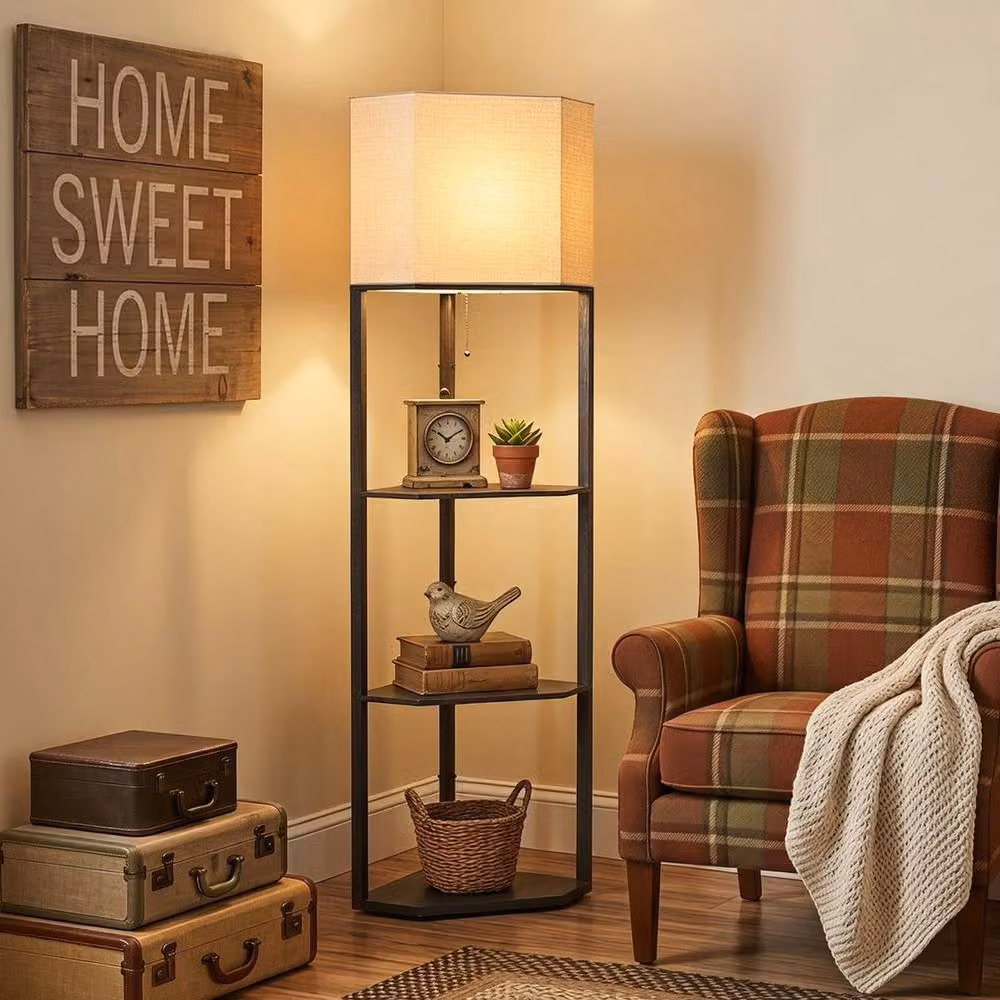EONLION Modern Black Corner Floor Lamp with Shelves and Beige Fabric Shade – 4