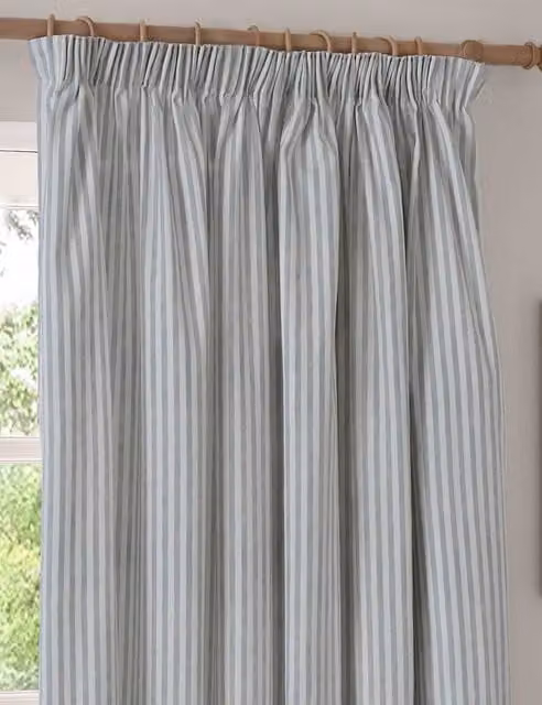 YARD Blue Striped Cotton Blackout Pencil Pleat Curtains, H: 183 cm, W: 117 cm