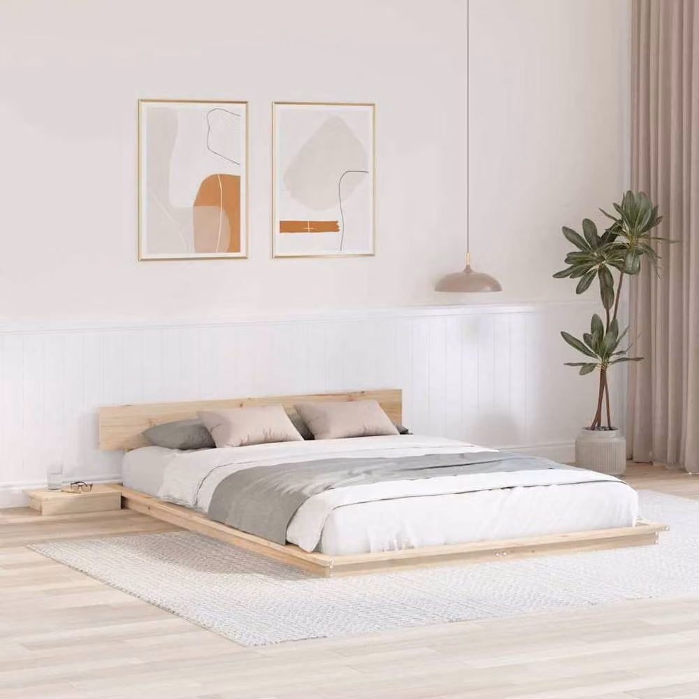 Berkfield Home Solid Wood Floor Bed Frame with Bedside Shelves, Brown, W: 150 cm, D: 200 cm