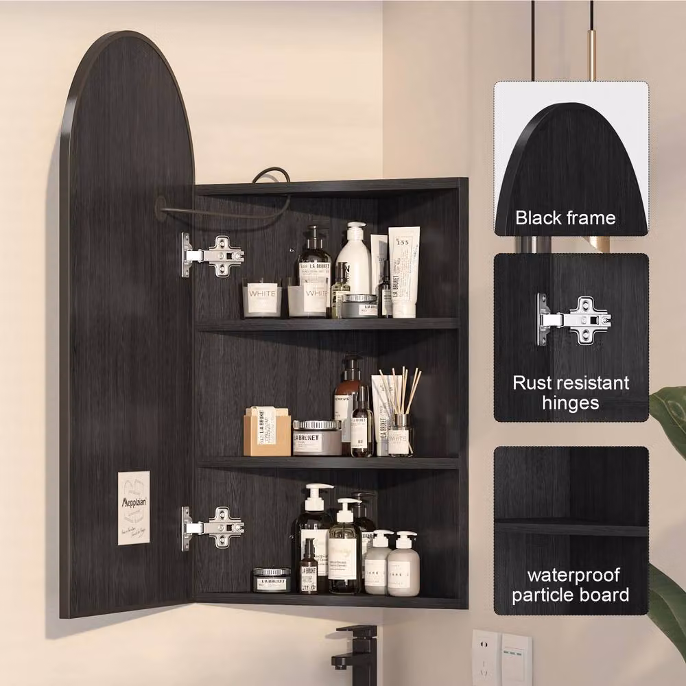 KEEPREAPER Modern Black Matt Corner Mirror Cabinet with Integrated LED Lighting and Glass Hinged Doors – 5