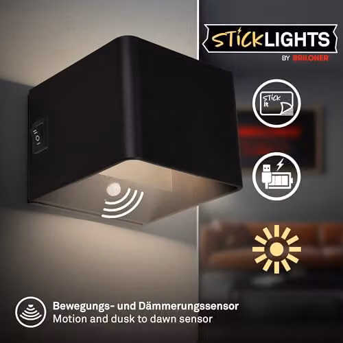 Briloner Rechargeable LED Wall Light with Motion and Dusk Sensor, Up & Down Lighting, Black – 2