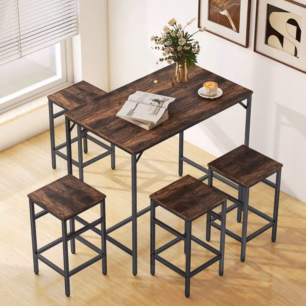 STILVORA Industrial Bar Table Set with 4 Stools in Brown MDF and Wood – 2