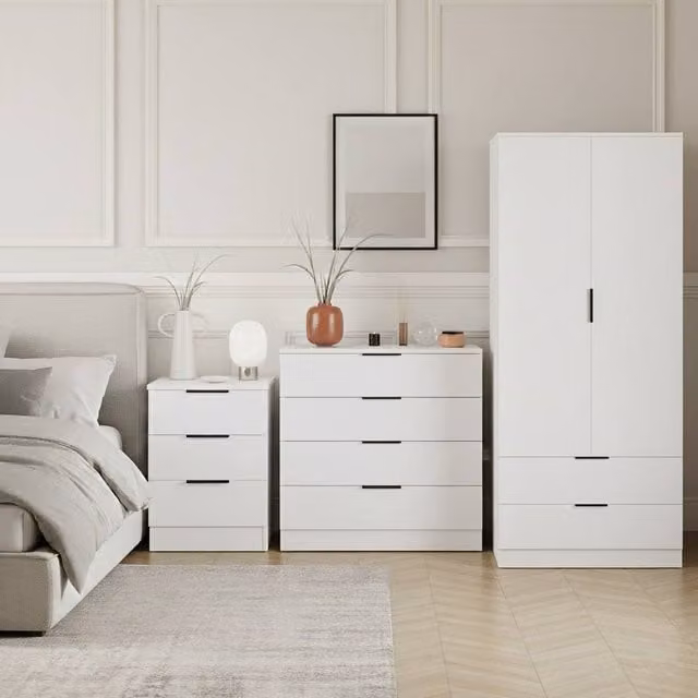 HD Designs Trega 3 Piece White Bedroom Set Including 3 Drawer Bedside Table, 4 Drawer Chest and Wardrobe