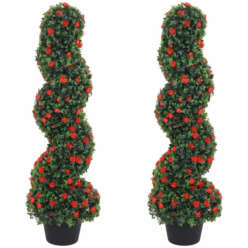 VOGREX Set of 2 Artificial Red Rose Topiary Trees in Green Pots, Height: 90 cm – 4