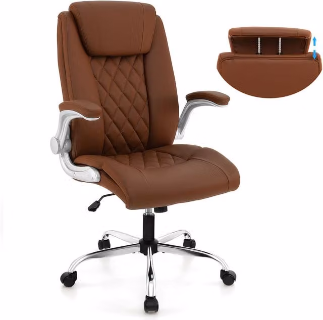 Costway Brown Synthetic Leather Executive Office Chair with Headrest, Armrests and 360 Degree Swivel