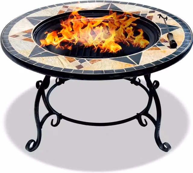 CALAGORA Multi-functional Fire Pit Table with BBQ and Ice Bucket in Black and Multicolour