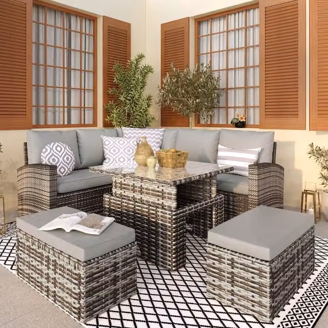 Furniture Maxi 9 Seater Grey Rattan Corner Sofa Set with Square Lift-Up Dining Table in Mixed Grey