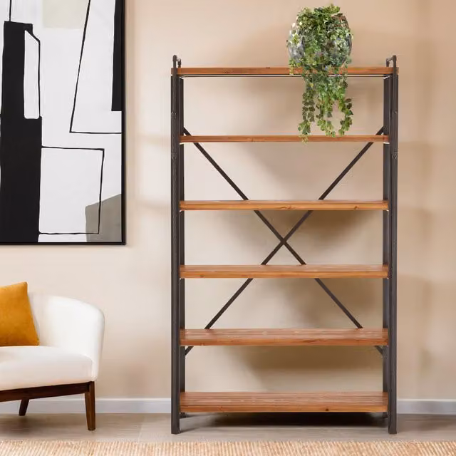 Orsina 6 Tier Industrial Storage Shelving Unit in Black with Natural Fir Wood and Metal – 1