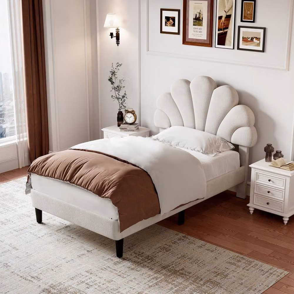 ModernLuxe Upholstered Single Bed with Adjustable Petal Headboard in Beige, W/D/H: 90 x 190 x 107 cm – 2