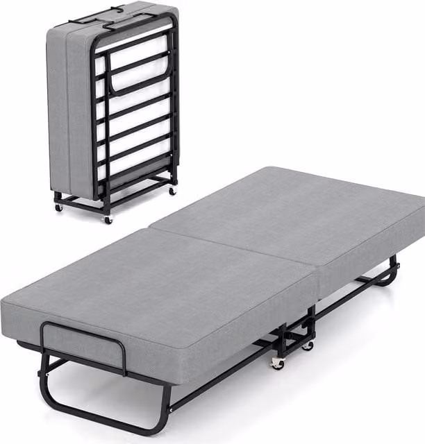 Kelvenix Portable Fold Up Guest Bed with Grey Memory Foam Mattress and Wheels