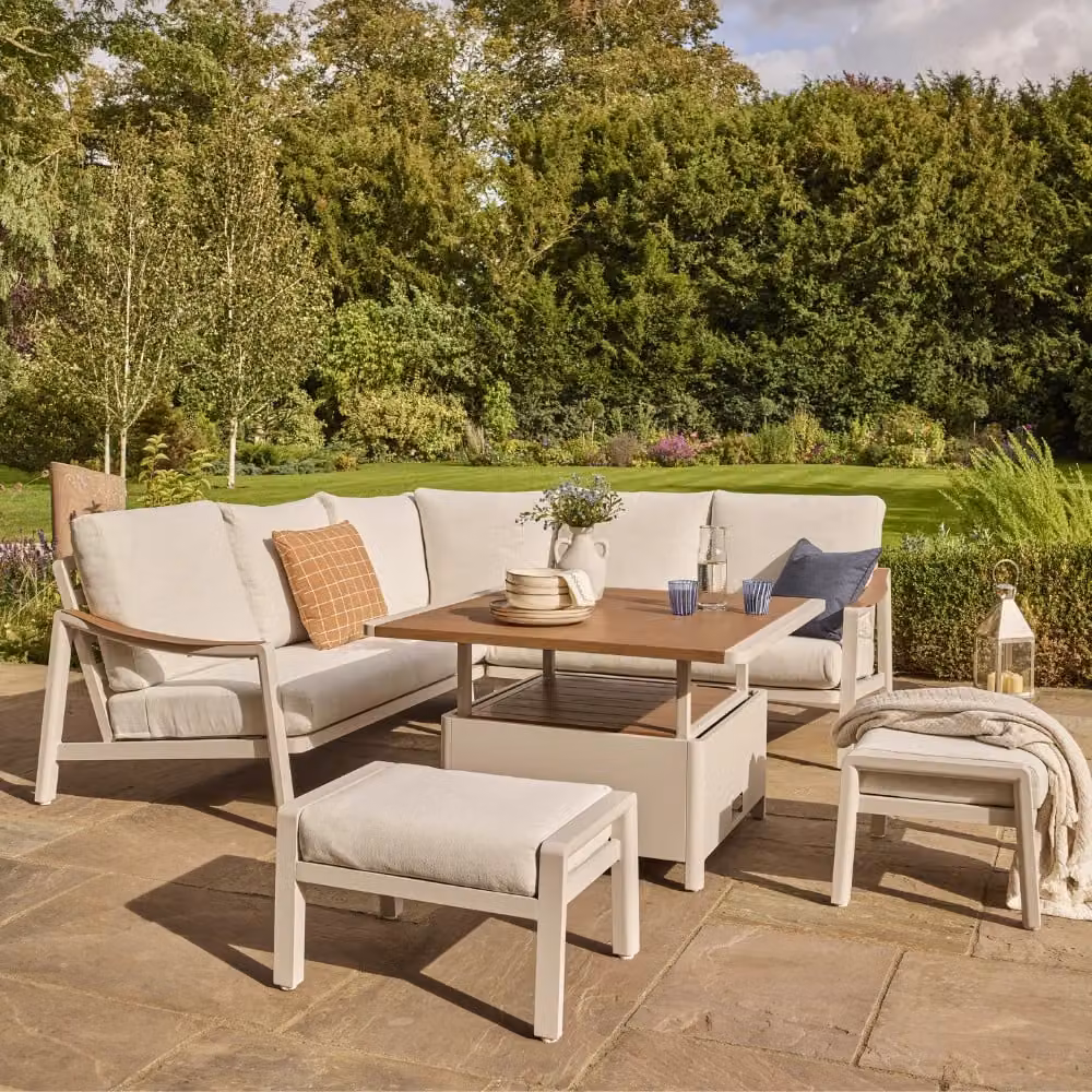 Atkin & Thyme Leena 7 Seat Corner Sofa Dining Set with Height Adjustable Table in Grey, White or Beige