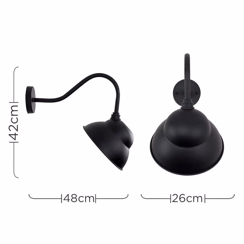 MiniSun Black Metal Swan Neck Outdoor Wall Light with Dome Shade, IP23 Rated, Mains Wired – 5