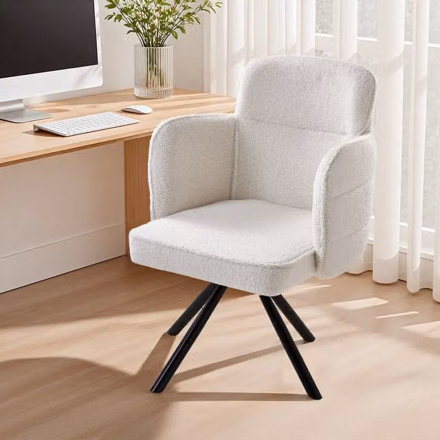 Komore White Bouclé Fabric Modern Swivel Tub Armchair with Integrated Armrests and Metal Legs