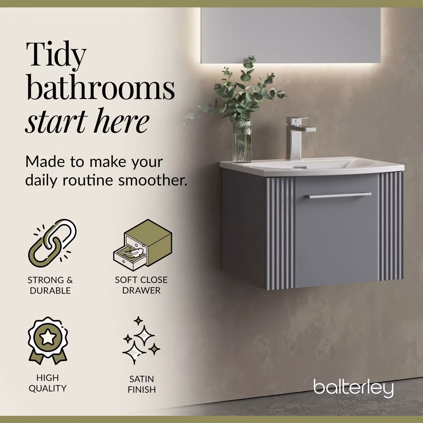 Balterley Wall Hung 1 Drawer Vanity Unit with Curved Basin, Satin Grey – 2