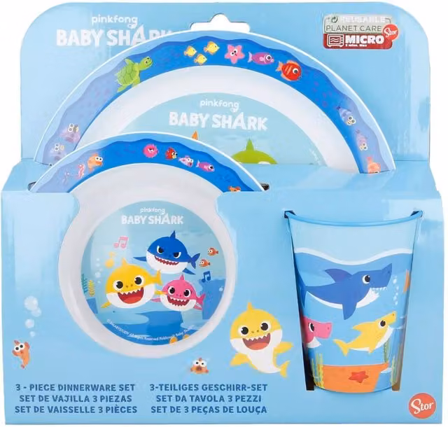 Baby Shark 3-Piece Childrens Breakfast Dining Set in Red and Multicolour, Microwave Safe Melamine