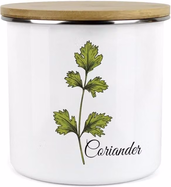 Purely Home Classic Herbs Kitchen Food Storage Canister, Coriander, White Enamel Metal