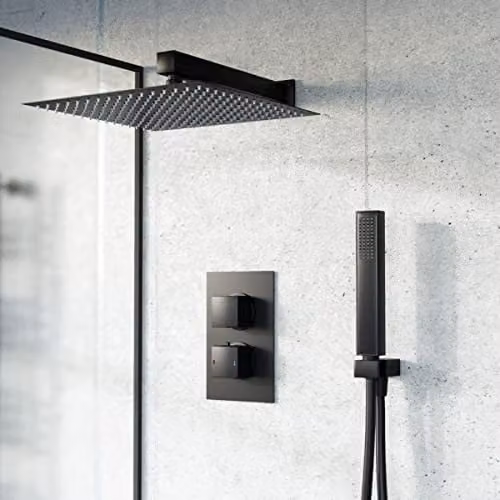 Nes Home Matte Black Thermostatic Mixer Valve Shower Set with Overhead Shower and Handset – 1