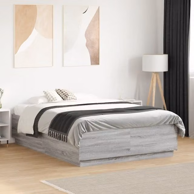 Berkfield Home Small Double Bed Frame in Grey Sonoma with LED Under-Bed Lighting and USB Charging Port, W/D/H: 120 x 190 cm – 1