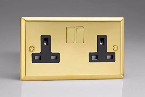 Varilight XV5DB 13A 2-Gang Switched Socket in Black Victorian Brass and Yellow