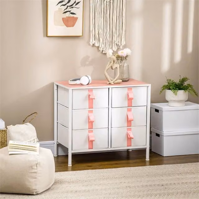 EONLION 6 Drawer Chest of Drawers with Wooden Top in White or Pink, Width: 100 cm – 1